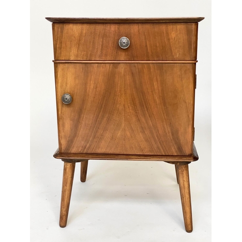 501 - BEDSIDE CABINETS, a pair, figured walnut, each with drawer and cupboard, raised upon tapering splay ... 