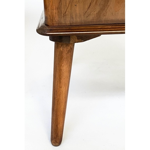 501 - BEDSIDE CABINETS, a pair, figured walnut, each with drawer and cupboard, raised upon tapering splay ... 