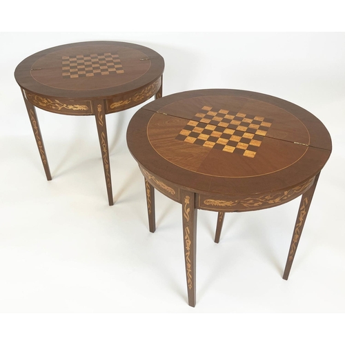 110 - GAMES TABLES, a pair, Dutch style foliate inlaid with foldover tops, 76cm H x 78cm W x 40cm D. (2)