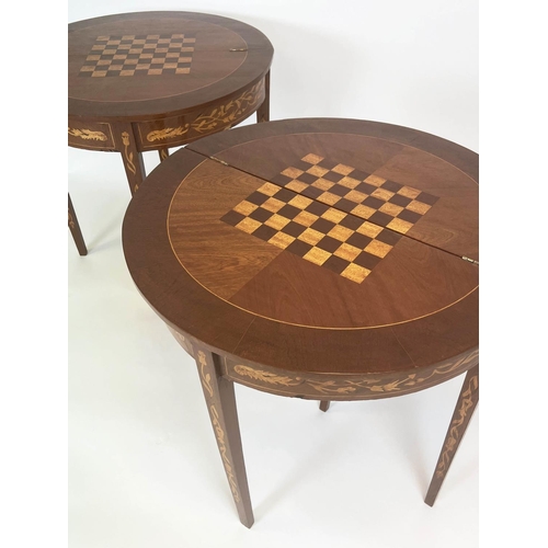 110 - GAMES TABLES, a pair, Dutch style foliate inlaid with foldover tops, 76cm H x 78cm W x 40cm D. (2)