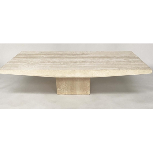 112 - TRAVERTINE LOW TABLE, 1970's Italian marble rectangular with shaped sides and plinth, 150cm x 70cm x... 