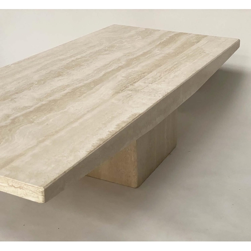 112 - TRAVERTINE LOW TABLE, 1970's Italian marble rectangular with shaped sides and plinth, 150cm x 70cm x... 