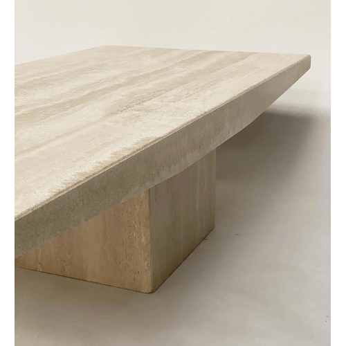 112 - TRAVERTINE LOW TABLE, 1970's Italian marble rectangular with shaped sides and plinth, 150cm x 70cm x... 