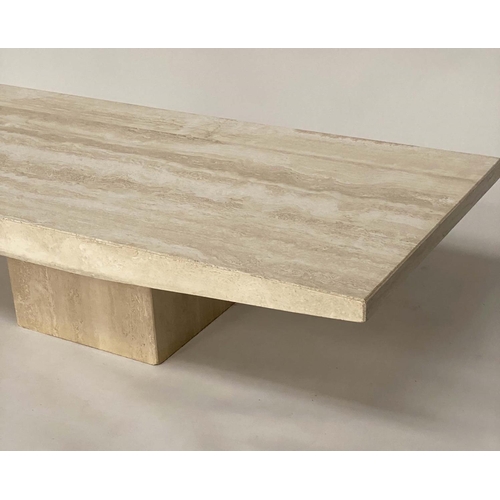 112 - TRAVERTINE LOW TABLE, 1970's Italian marble rectangular with shaped sides and plinth, 150cm x 70cm x... 