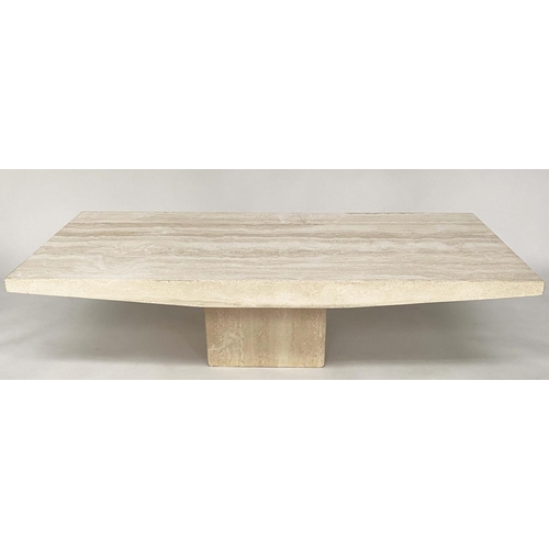 112 - TRAVERTINE LOW TABLE, 1970's Italian marble rectangular with shaped sides and plinth, 150cm x 70cm x... 