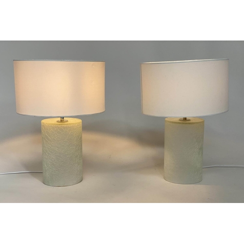 114 - TABLE LAMPS, a pair, Murano style cylindrically spun glass with shades, 42cm H. (2)