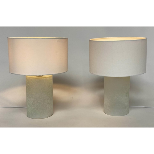 114 - TABLE LAMPS, a pair, Murano style cylindrically spun glass with shades, 42cm H. (2)