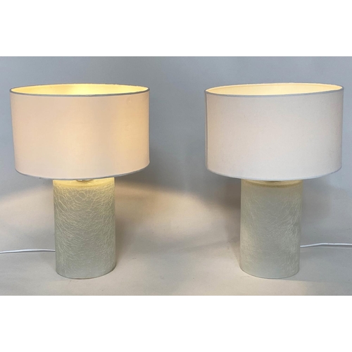 114 - TABLE LAMPS, a pair, Murano style cylindrically spun glass with shades, 42cm H. (2)