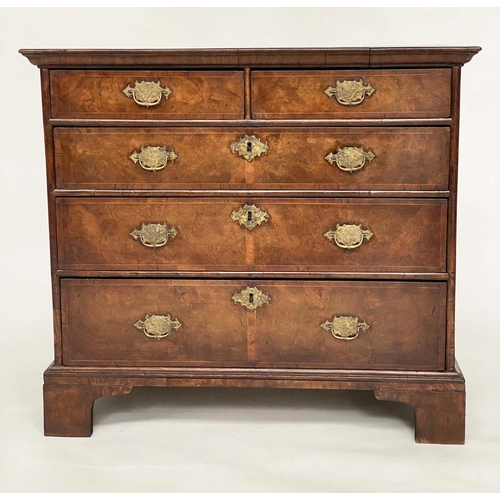 115 - CHEST, early 18th century English Queen Anne figured walnut and crossbanded with two short above thr... 