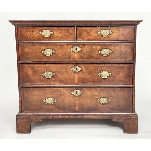 115 - CHEST, early 18th century English Queen Anne figured walnut and crossbanded with two short above thr... 