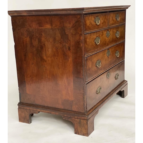 115 - CHEST, early 18th century English Queen Anne figured walnut and crossbanded with two short above thr... 