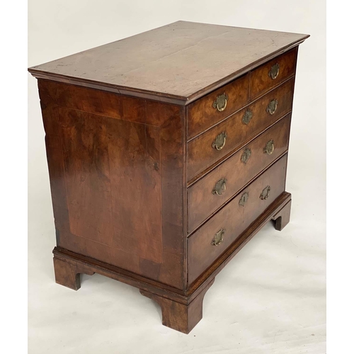 115 - CHEST, early 18th century English Queen Anne figured walnut and crossbanded with two short above thr... 