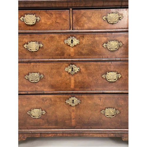 115 - CHEST, early 18th century English Queen Anne figured walnut and crossbanded with two short above thr... 