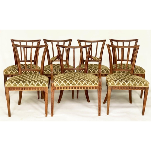 120 - DINING CHAIRS, a set of seven, 19th century Scandinavian elm with out swept rail backs and stuff ove... 