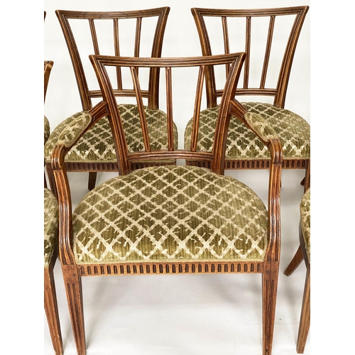 120 - DINING CHAIRS, a set of seven, 19th century Scandinavian elm with out swept rail backs and stuff ove... 