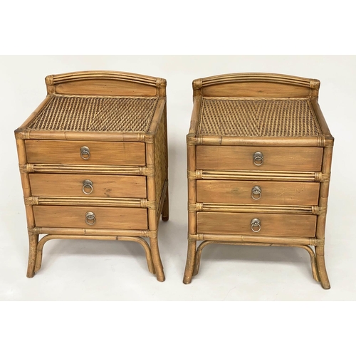 121 - BEDSIDE CHESTS, a pair, rattan framed and cane panelled each with three drawers, 50cm x 44cm x 70cm ... 