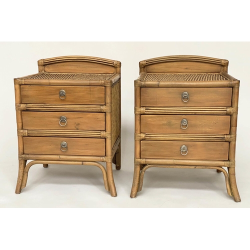 121 - BEDSIDE CHESTS, a pair, rattan framed and cane panelled each with three drawers, 50cm x 44cm x 70cm ... 