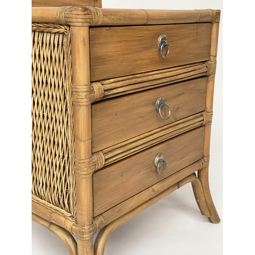 121 - BEDSIDE CHESTS, a pair, rattan framed and cane panelled each with three drawers, 50cm x 44cm x 70cm ... 