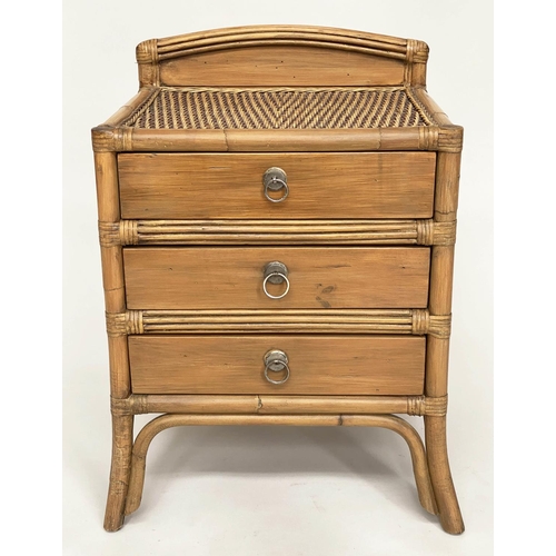 121 - BEDSIDE CHESTS, a pair, rattan framed and cane panelled each with three drawers, 50cm x 44cm x 70cm ... 