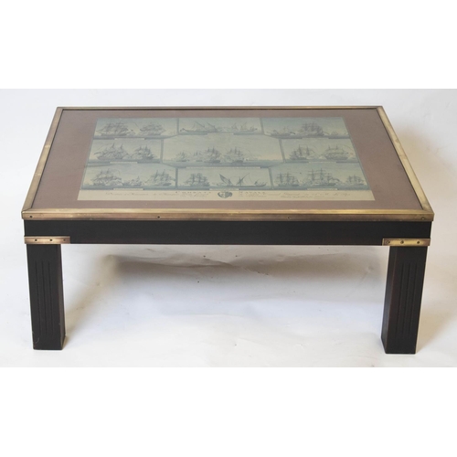 LOW TABLE, 37cm H x 89cm W x 68cm D, mahogany and brass bound with glazed top depicting naval battles.