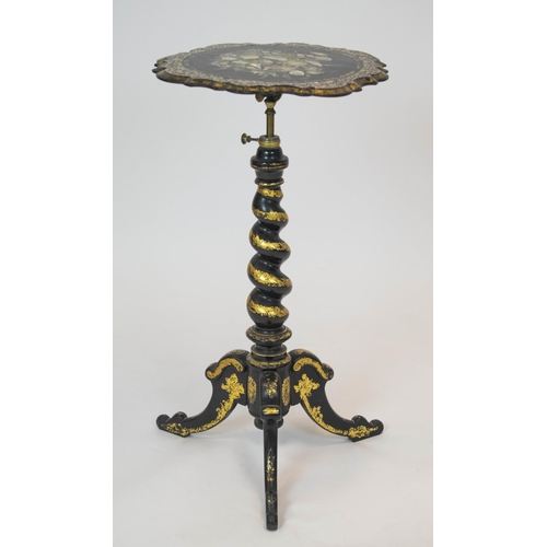 230 - WITHDRAWN

OCCASIONAL TABLE/POLE SCREEN, mid Victorian papier maché, ebonised gilt, mother of pearl,... 