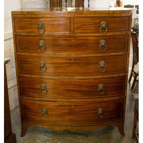 231 - BOWFRONT CHEST, 128cm H x 108cm x 56cm, early 19th century mahogany and boxwood strung of six drawer... 