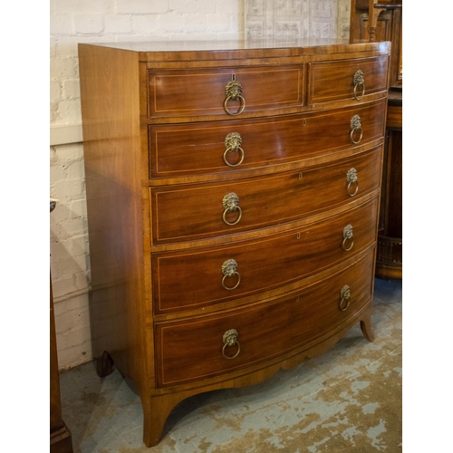 231 - BOWFRONT CHEST, 128cm H x 108cm x 56cm, early 19th century mahogany and boxwood strung of six drawer... 