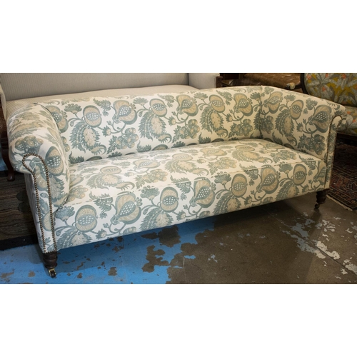 240 - CHESTERFIELD SOFA, 71cm H x 207cm W, Victorian, in Sanderson blue and white foliate fabric, on front... 