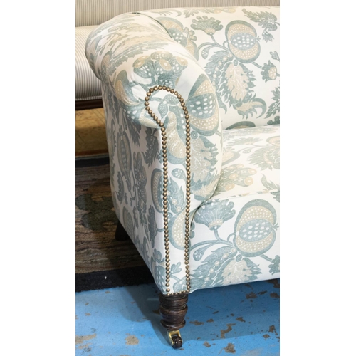 240 - CHESTERFIELD SOFA, 71cm H x 207cm W, Victorian, in Sanderson blue and white foliate fabric, on front... 