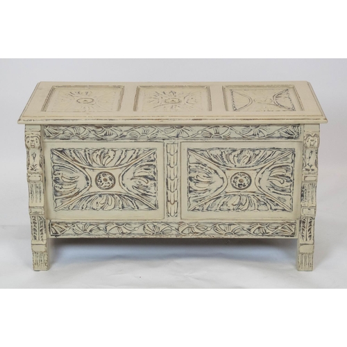 241 - SMALL COFFER, 51cm H x 92cm W x 41cm D, Jacobean style painted oak with carved panels.