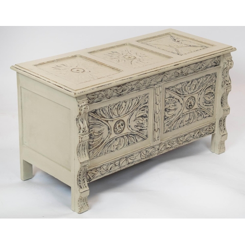 241 - SMALL COFFER, 51cm H x 92cm W x 41cm D, Jacobean style painted oak with carved panels.