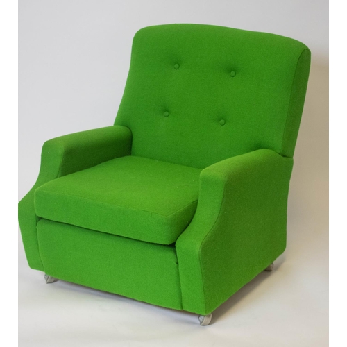 245 - ARMCHAIR, 78cm H x 70xm W, green fabric on castors.