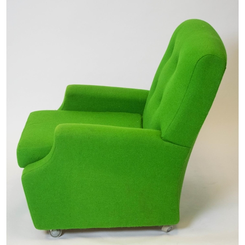 245 - ARMCHAIR, 78cm H x 70xm W, green fabric on castors.