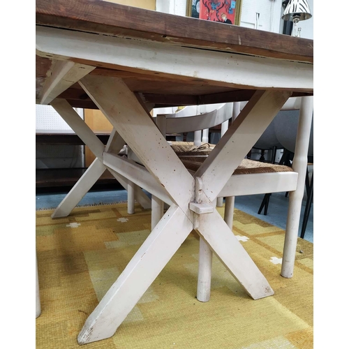 315 - FARMHOUSE DINING TABLE, pine construction, 183cm x 67cm x 75cm, X frame white painted base.