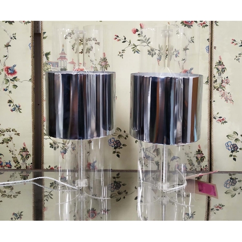 317 - TABLE LAMPS, a pair, vintage 1970's, 59cm H, perspex with polished metal shades. (2)