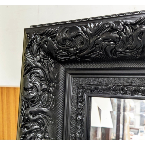 319 - WALL MIRROR, 207cm x 147cm, Continental style, black painted frame, bevelled plate.