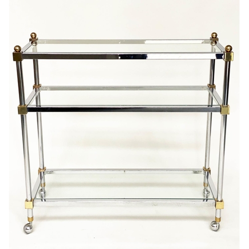 322 - COCKTAIL TROLLEY, 1970's chrome and gilt metal framed with three rectangular glass shelves and chrom... 