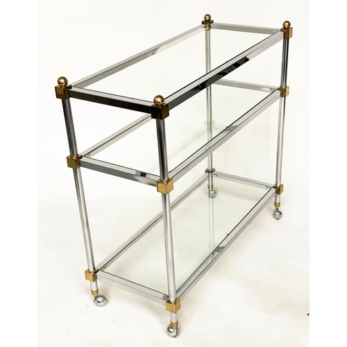 322 - COCKTAIL TROLLEY, 1970's chrome and gilt metal framed with three rectangular glass shelves and chrom... 