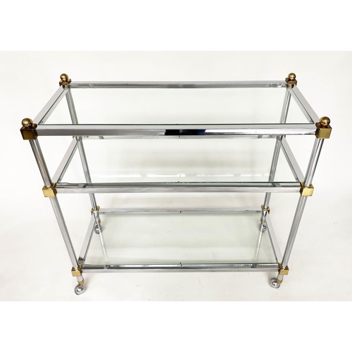 322 - COCKTAIL TROLLEY, 1970's chrome and gilt metal framed with three rectangular glass shelves and chrom... 