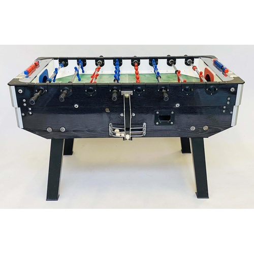 325 - TABLE FOOTBALL, lacquered black ash and chrome framed with splayed supports, 146cm x 77cm x 90cm H.