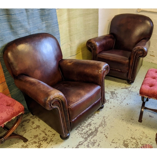 338 - CLUB ARMCHAIRS, a pair, each 87cm x 83cm H, mid 20th century brown leather. (2)