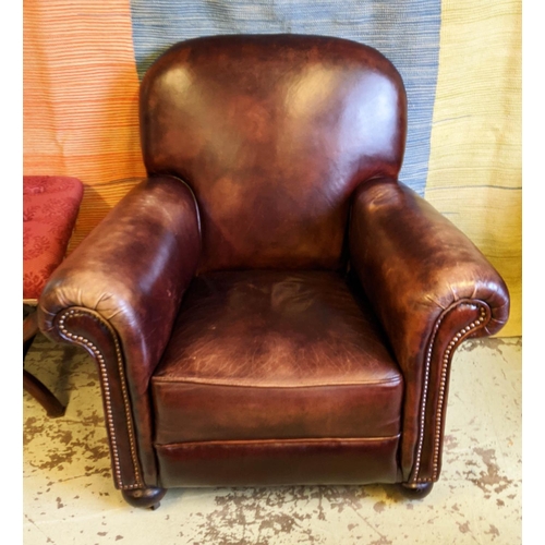 338 - CLUB ARMCHAIRS, a pair, each 87cm x 83cm H, mid 20th century brown leather. (2)