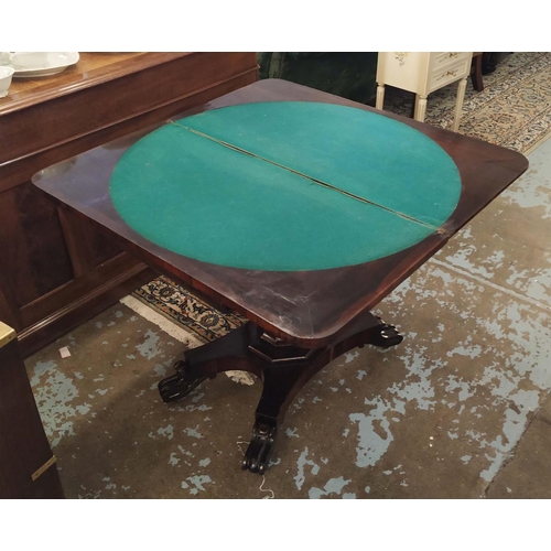 339 - CARD TABLE, 91cm x 46cm x 75cm H, William IV rosewood with green baize circular playing surface.