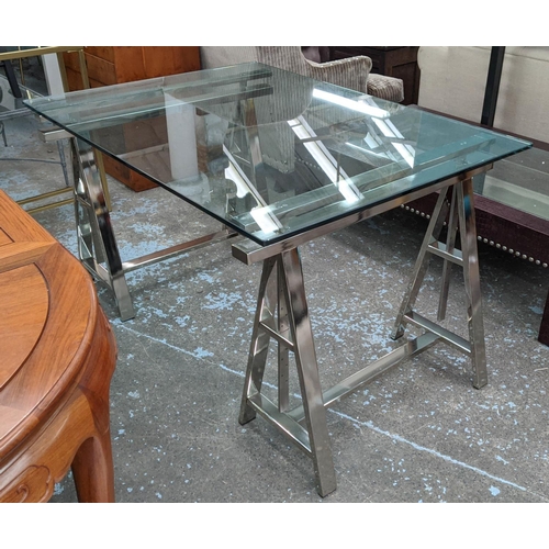 346 - TRESTLE DESK, 130cm x 95cm x 76cm, contemporary polished metal trestle, glass top.