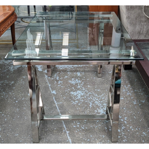 346 - TRESTLE DESK, 130cm x 95cm x 76cm, contemporary polished metal trestle, glass top.