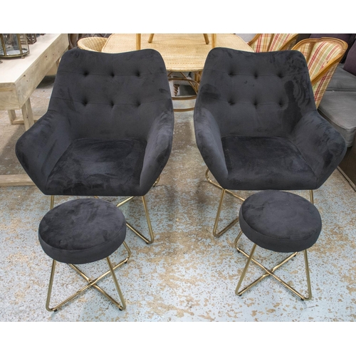 348 - ARMCHAIRS, 85cm H x 76cm, a pair, black velvet and brass with matching stools, 40cm H x 35cm. (4)