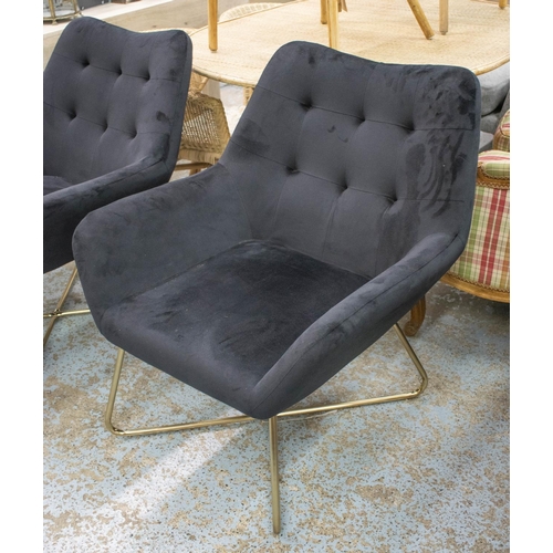 348 - ARMCHAIRS, 85cm H x 76cm, a pair, black velvet and brass with matching stools, 40cm H x 35cm. (4)