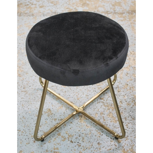 348 - ARMCHAIRS, 85cm H x 76cm, a pair, black velvet and brass with matching stools, 40cm H x 35cm. (4)