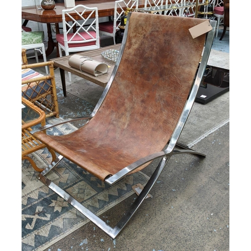 353 - LEATHER AND METAL SUNG LEATHER SEAT, 75cm W x 101cm H.