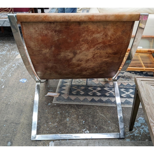 353 - LEATHER AND METAL SUNG LEATHER SEAT, 75cm W x 101cm H.